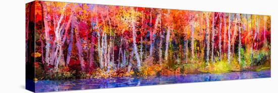 Oil Painting Colorful Autumn Trees. Semi Abstract Image of Forest, Aspen Trees with Yellow - Red Le-null-Stretched Canvas