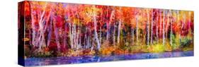 Oil Painting Colorful Autumn Trees. Semi Abstract Image of Forest, Aspen Trees with Yellow - Red Le-null-Stretched Canvas