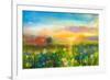 Oil Painting Flowers Dandelion, Cornflower, Daisy in Fields. Sunset Meadow Landscape with Wildflowe-pluie_r-Framed Art Print