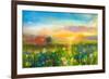 Oil Painting Flowers Dandelion, Cornflower, Daisy in Fields. Sunset Meadow Landscape with Wildflowe-pluie_r-Framed Art Print