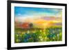 Oil Painting Flowers Dandelion, Cornflower, Daisy in Fields. Sunset Meadow Landscape with Wildflowe-pluie_r-Framed Art Print