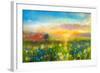 Oil Painting Flowers Dandelion, Cornflower, Daisy in Fields. Sunset Meadow Landscape with Wildflowe-pluie_r-Framed Art Print