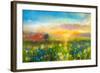 Oil Painting Flowers Dandelion, Cornflower, Daisy in Fields. Sunset Meadow Landscape with Wildflowe-pluie_r-Framed Art Print