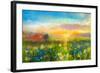 Oil Painting Flowers Dandelion, Cornflower, Daisy in Fields. Sunset Meadow Landscape with Wildflowe-pluie_r-Framed Art Print