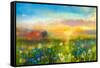 Oil Painting Flowers Dandelion, Cornflower, Daisy in Fields. Sunset Meadow Landscape with Wildflowe-pluie_r-Framed Stretched Canvas