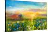 Oil Painting Flowers Dandelion, Cornflower, Daisy in Fields. Sunset Meadow Landscape with Wildflowe-pluie_r-Stretched Canvas