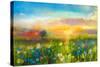 Oil Painting Flowers Dandelion, Cornflower, Daisy in Fields. Sunset Meadow Landscape with Wildflowe-pluie_r-Stretched Canvas