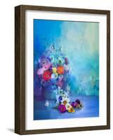 Oil Painting Flowers in Vase. Hand Paint Still Life Bouquet of White,Yellow and Orange Sunflower, G-pluie_r-Framed Art Print