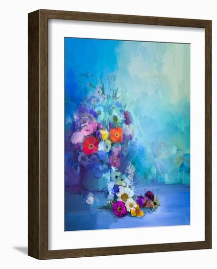 Oil Painting Flowers in Vase. Hand Paint Still Life Bouquet of White,Yellow and Orange Sunflower, G-pluie_r-Framed Art Print