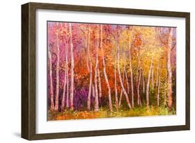 Oil Painting Landscape - Colorful Autumn Trees. Semi Abstract Image of Forest, Aspen Trees with Yel-pluie_r-Framed Art Print