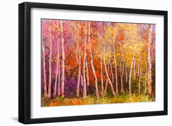 Oil Painting Landscape - Colorful Autumn Trees. Semi Abstract Image of Forest, Aspen Trees with Yel-pluie_r-Framed Art Print