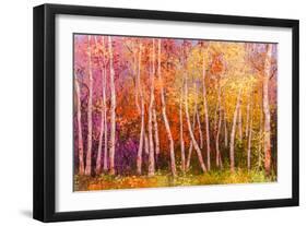 Oil Painting Landscape - Colorful Autumn Trees. Semi Abstract Image of Forest, Aspen Trees with Yel-pluie_r-Framed Art Print