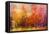 Oil Painting Landscape - Colorful Autumn Trees. Semi Abstract Image of Forest, Trees with Yellow --pluie_r-Framed Stretched Canvas