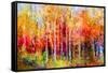 Oil Painting Landscape, Colorful Autumn Trees. Semi Abstract Paintings Image of Forest, Aspen Tree-pluie_r-Framed Stretched Canvas