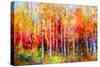 Oil Painting Landscape, Colorful Autumn Trees. Semi Abstract Paintings Image of Forest, Aspen Tree-pluie_r-Stretched Canvas