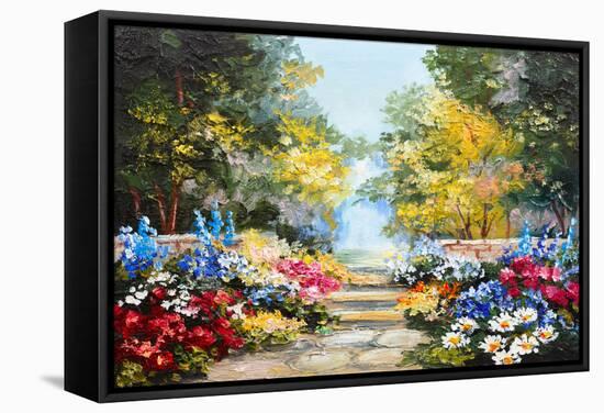 Oil Painting Landscape - Colorful Summer Forest, Beautiful Flowers-Fresh Stock-Framed Stretched Canvas