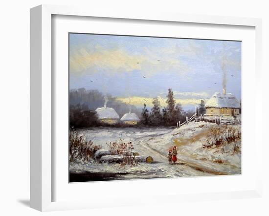 Oil Painting, Landscape of Winter Village-Yarikart-Framed Art Print