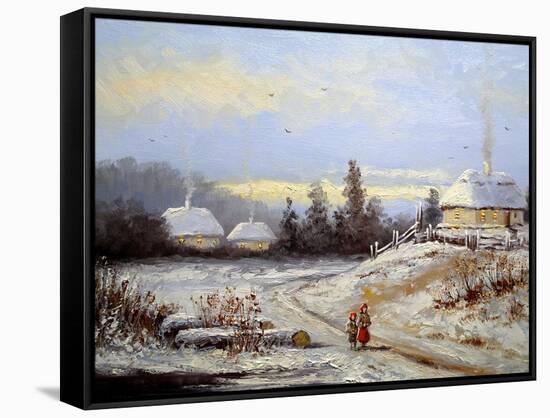 Oil Painting, Landscape of Winter Village-Yarikart-Framed Stretched Canvas