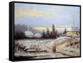 Oil Painting, Landscape of Winter Village-Yarikart-Framed Stretched Canvas