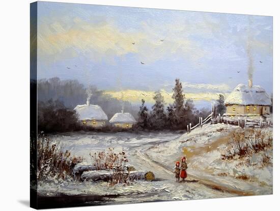 Oil Painting, Landscape of Winter Village-Yarikart-Stretched Canvas