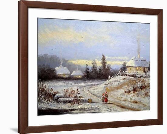 Oil Painting, Landscape of Winter Village-Yarikart-Framed Art Print