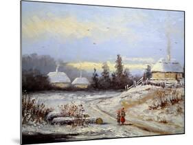 Oil Painting, Landscape of Winter Village-Yarikart-Mounted Art Print