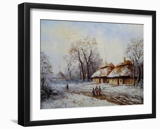 Oil Painting, Landscape of Winter Village-Yarikart-Framed Art Print