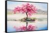 Oil Painting Landscape, Oriental Cherry Tree, Sakura on the Lake-Fresh Stock-Framed Stretched Canvas
