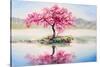 Oil Painting Landscape, Oriental Cherry Tree, Sakura on the Lake-Fresh Stock-Stretched Canvas