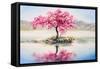 Oil Painting Landscape, Oriental Cherry Tree, Sakura on the Lake-Fresh Stock-Framed Stretched Canvas