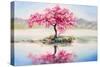 Oil Painting Landscape, Oriental Cherry Tree, Sakura on the Lake-Fresh Stock-Stretched Canvas