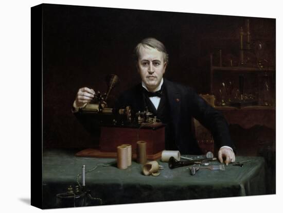 Oil painting of inventor Thomas Edison in his laboratory.-Vernon Lewis Gallery-Stretched Canvas