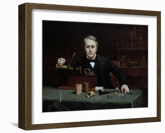 Oil painting of inventor Thomas Edison in his laboratory.-Vernon Lewis Gallery-Framed Art Print