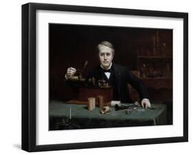 Oil painting of inventor Thomas Edison in his laboratory.-Vernon Lewis Gallery-Framed Art Print