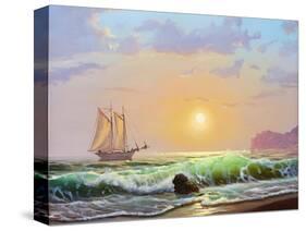 Oil Painting On Canvas , Sailboat Against A Background Of Sea Sunset-Lilun-Stretched Canvas