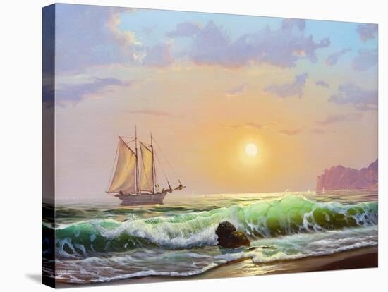 Oil Painting On Canvas , Sailboat Against A Background Of Sea Sunset-Lilun-Stretched Canvas