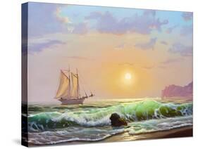 Oil Painting On Canvas , Sailboat Against A Background Of Sea Sunset-Lilun-Stretched Canvas