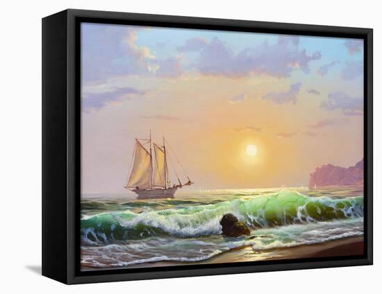 Oil Painting On Canvas , Sailboat Against A Background Of Sea Sunset-Lilun-Framed Stretched Canvas