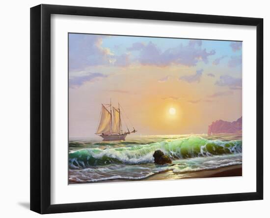 Oil Painting On Canvas , Sailboat Against A Background Of Sea Sunset-Lilun-Framed Art Print