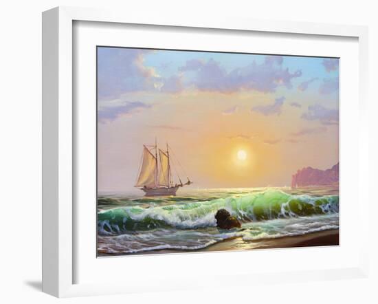 Oil Painting On Canvas , Sailboat Against A Background Of Sea Sunset-Lilun-Framed Art Print