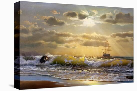 Oil Painting On Canvas , Sailboat Against A Background Of Sea Sunset-Lilun-Stretched Canvas