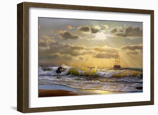 Oil Painting On Canvas , Sailboat Against A Background Of Sea Sunset-Lilun-Framed Art Print