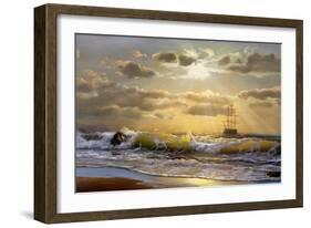 Oil Painting On Canvas , Sailboat Against A Background Of Sea Sunset-Lilun-Framed Art Print