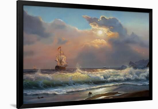 Oil Painting on Canvas , Sailboat against a Background of Sea-Liliya Kulianionak-Framed Art Print