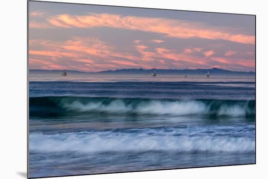 Oil rigs and waves in the Pacific Ocean, Channel Islands of California, Carpinteria, Santa Barba...-null-Mounted Photographic Print