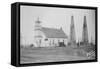 Oil Well Construction behind Church-null-Framed Stretched Canvas