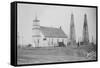 Oil Well Construction behind Church-null-Framed Stretched Canvas