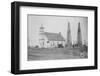 Oil Well Construction behind Church-null-Framed Photographic Print