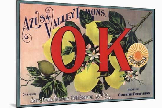 OK Brand - Azusa, California - Citrus Crate Label-Lantern Press-Mounted Art Print