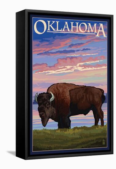 Oklahoma - Buffalo and Sunset-Lantern Press-Framed Stretched Canvas